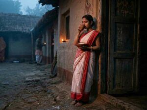 मकर संक्रांति की सुबह मिथिला में महिलायें चौखट से सटकर दही-चूड़ा खाते हुए - ओठंगन परंपरा