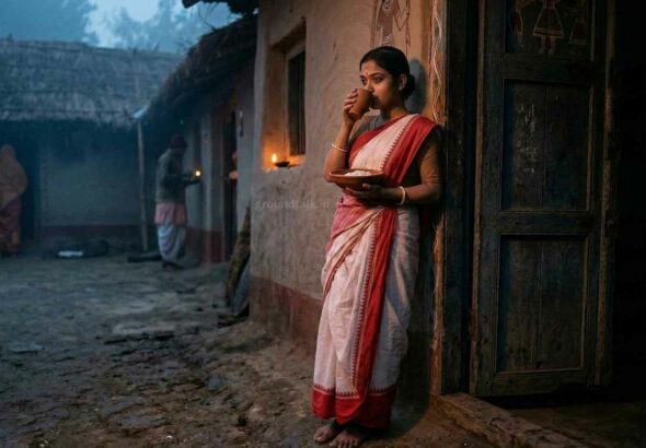 मकर संक्रांति की सुबह मिथिला में महिलायें चौखट से सटकर दही-चूड़ा खाते हुए - ओठंगन परंपरा