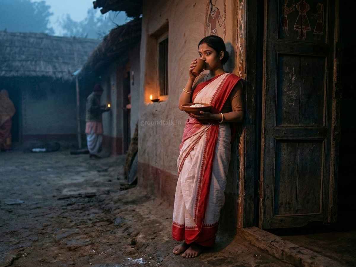 मकर संक्रांति की सुबह मिथिला में महिलायें चौखट से सटकर दही-चूड़ा खाते हुए - ओठंगन परंपरा