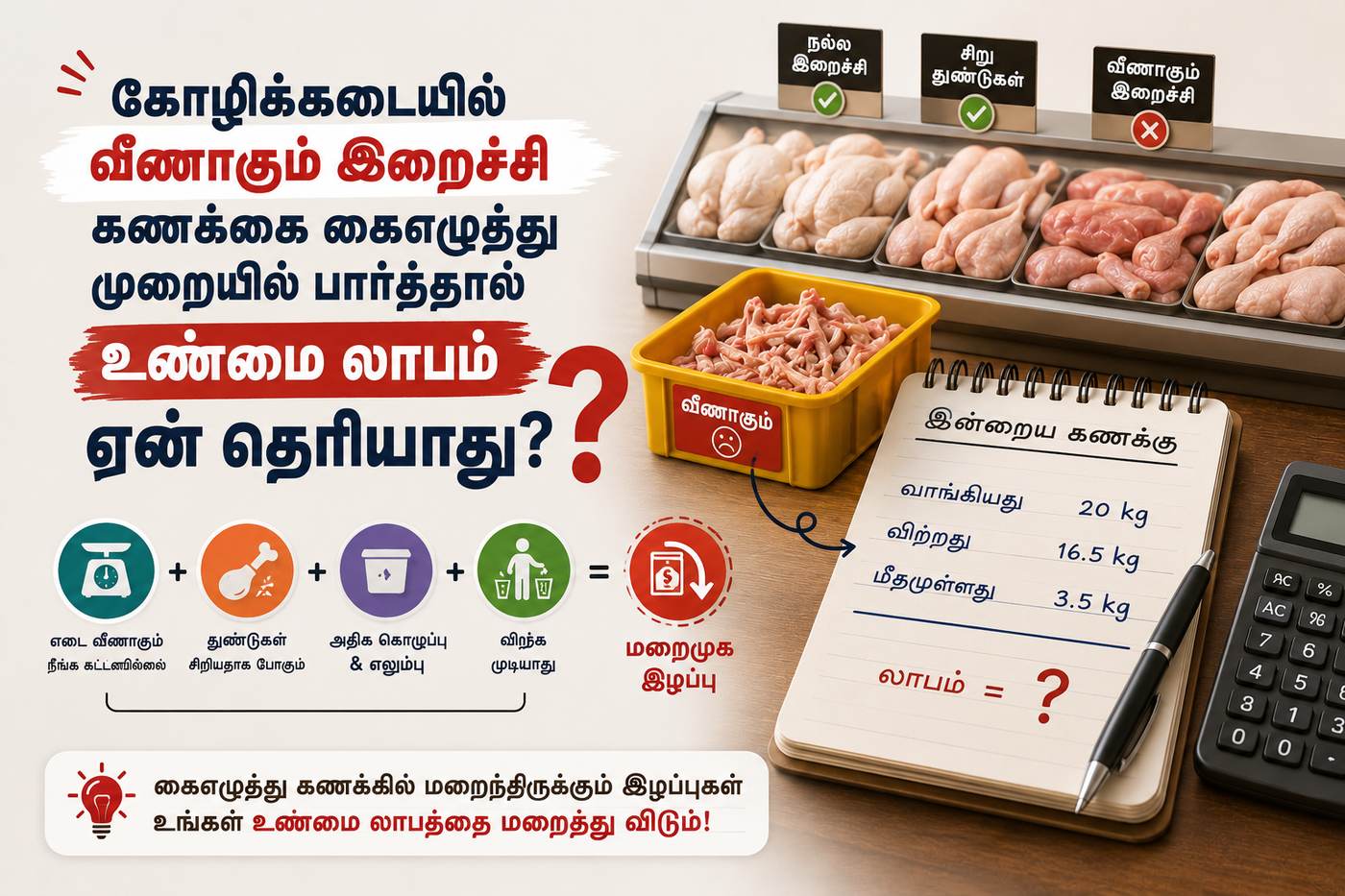 கோழிக்கடையில் வீணாகும் இறைச்சி கணக்கை கைஎழுத்து முறையில் பார்த்தால் உண்மை லாபம் ஏன் தெரியாது?