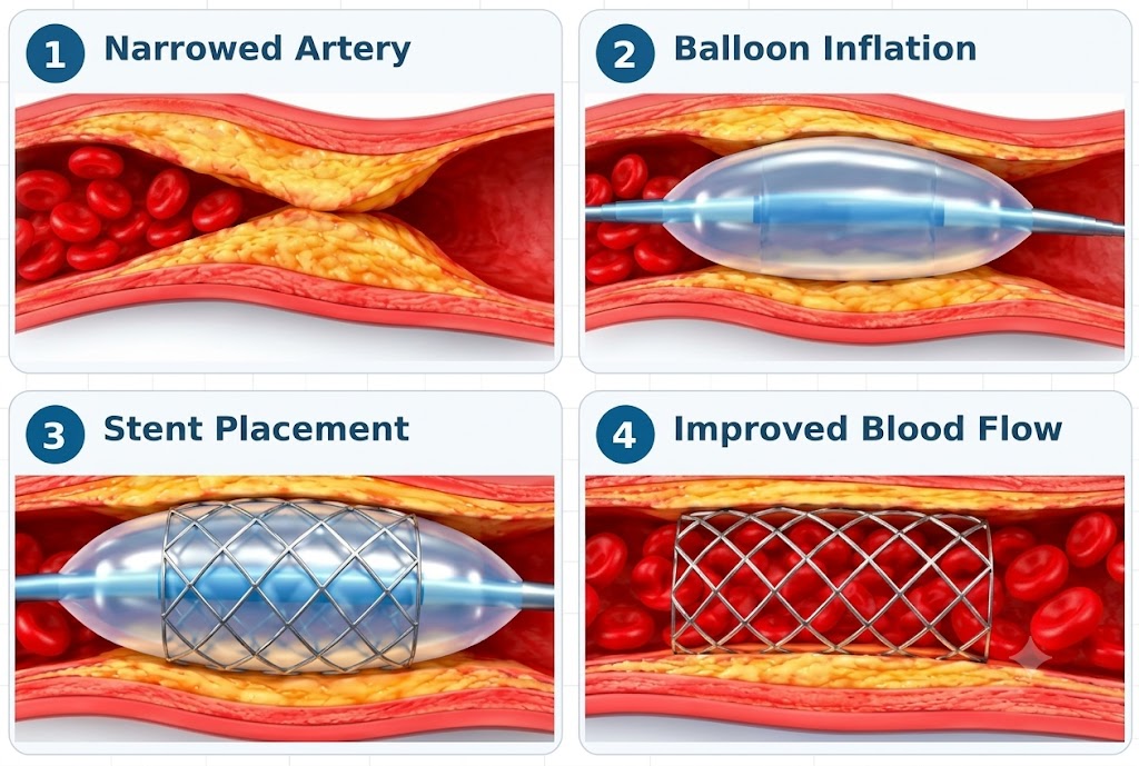 Coronary angioplasty procedure showing balloon and stent placement to open blocked heart arteries in Mumbai