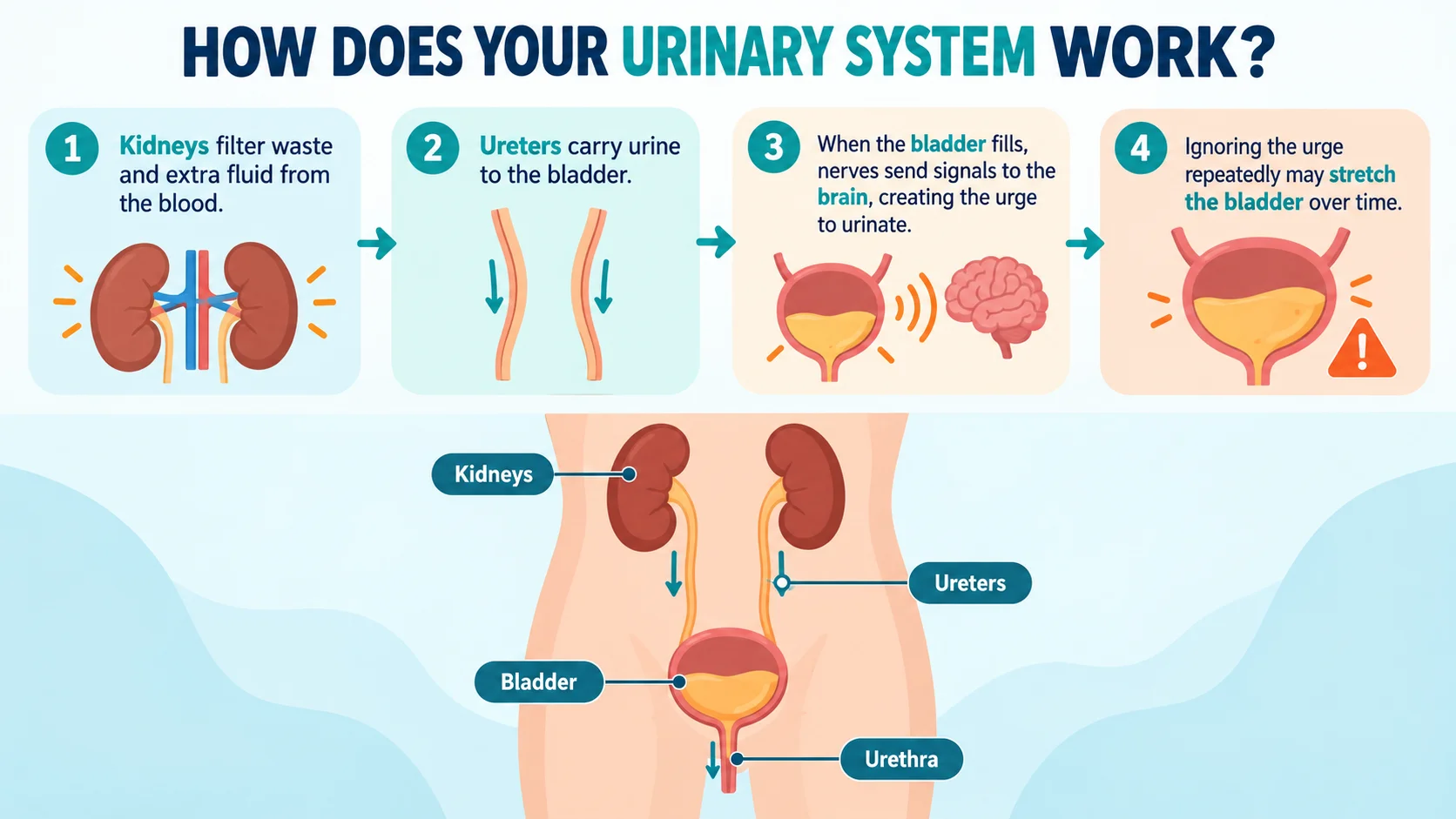 how the urinary system works, showing kidneys, ureters, bladder and urethra, explained by a urologist in Mumbai.