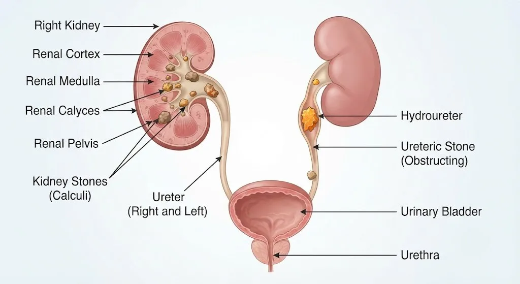 Medical illustration of kidney and ureteric stones
