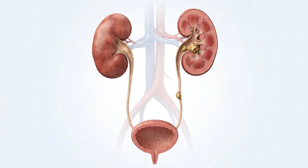 Medical illustration showing kidney stones in the urinary system
