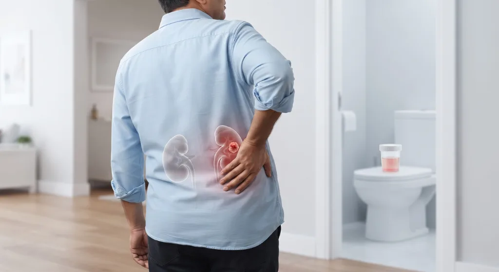 Illustration showing kidney tumour and urinary system