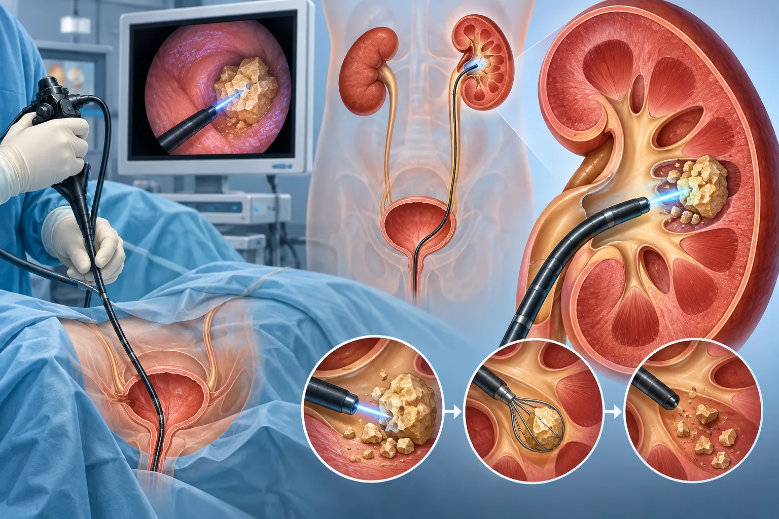 Flexible ureteroscope accessing a kidney stone during RIRS