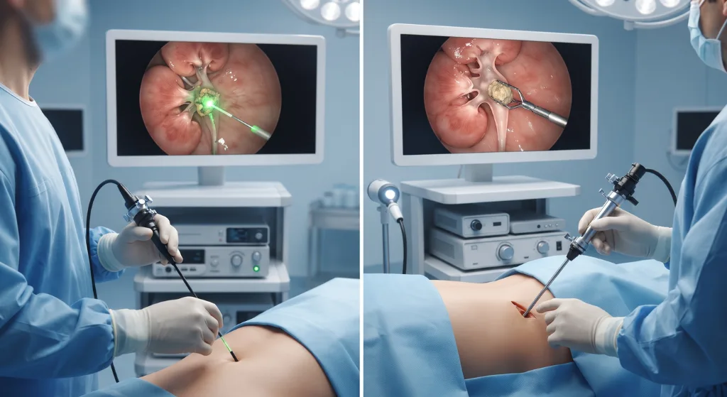 Medical illustration comparing RIRS and PCNL kidney stone surgery