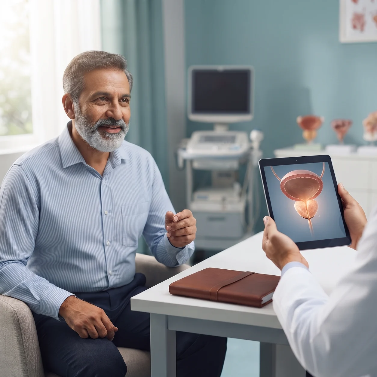 Medical illustration showing prostate gland and urinary bladder
