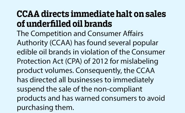 CCAA directs immediate halt on sales of underfilled oil brands