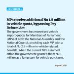 MPs receive additional Nu 1.5 million in vehicle quota, bypassing Pay Reform Act