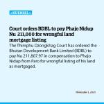 Court orders BDBL to pay Phajo Nidup Nu  211,000 for wrongful land mortgage listing