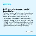 Knife attack leaves man critically injured in Paro