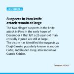 Suspects in Paro knife attack remain at large