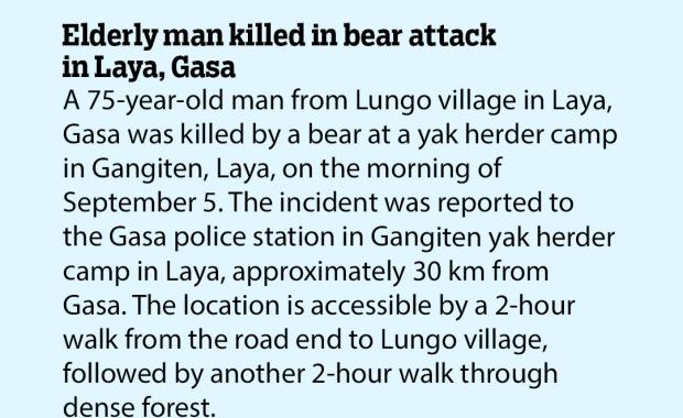 Elderly man killed in bear attack in Laya, Gasa