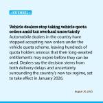 Vehicle dealers stop taking vehicle quota orders amid tax overhaul uncertainty