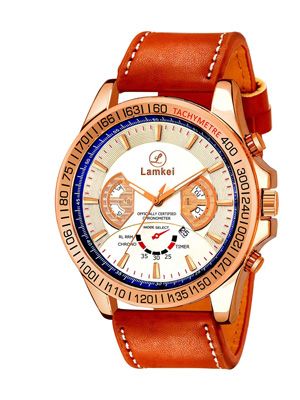 Men Off-White & Tan Brown Chronograph Leather Watch LAM-1019