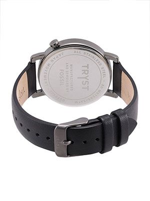 TRYST Manufactured & Serviced by Fossil Unisex Black Leather Watch
