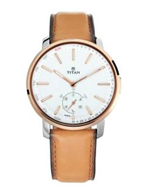Men White & Tan Brown Leather Analogue Watch