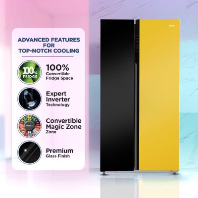 HRS-682KYGU1 Vogue 602L Black Yellow Glass 2-Door Convertible Fridge