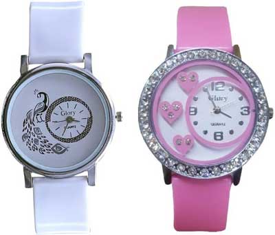 Glory Round Dial Pink White pu  Watch For Women(Pack of 2) 6 MONTH WARRANTY