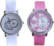 Glory Round Dial Pink White pu  Watch For Women(Pack of 2) 6 MONTH WARRANTY