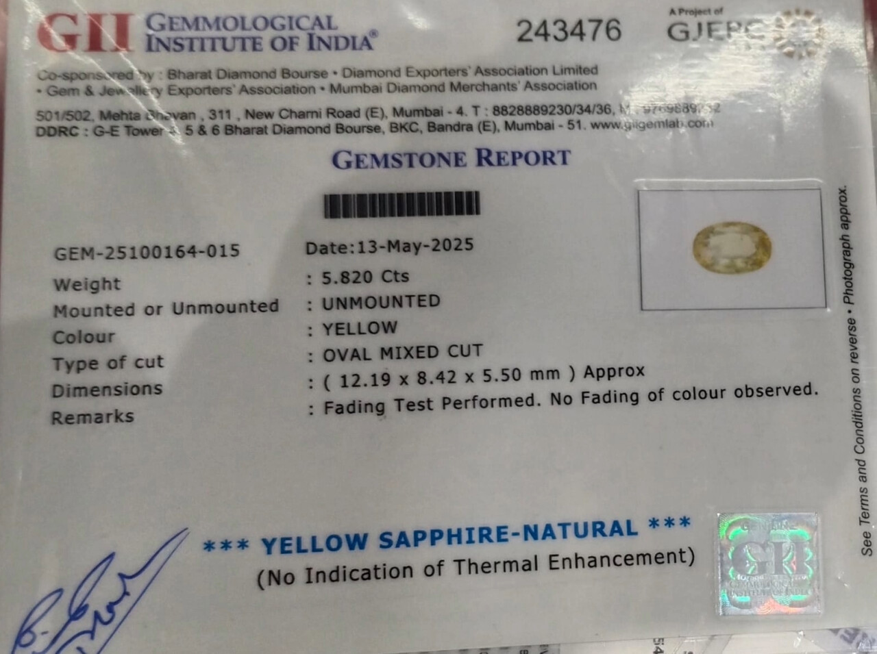 YS-25000022-5-82 Certificate 