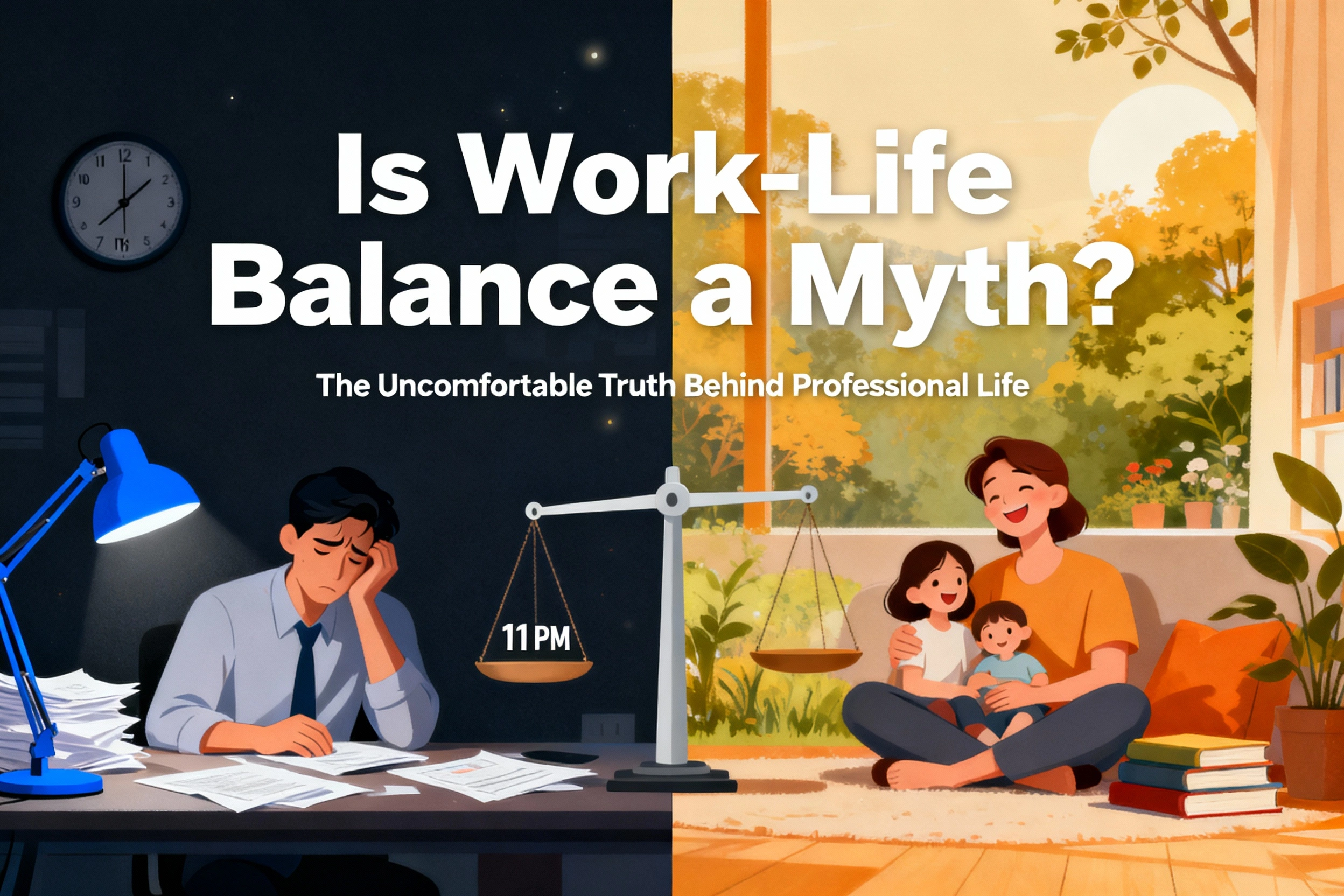 a debate if work life balance is a myth or reality. Industry realities and sustainable options for harmony between life and work.
