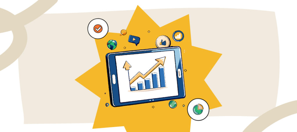 Kraftshala: Tablet showing upward graph and social media icons.