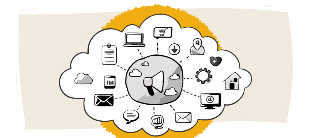 Kraftshala marketing icons in a cloud pattern.
