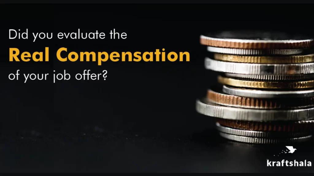 Stack of coins with Kraftshala logo and text on compensation.