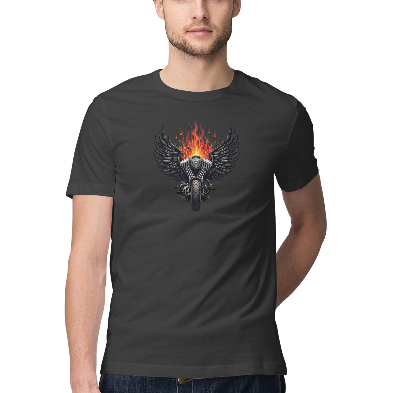 Hell Rider – Winged Flame Motorcycle Tee, Black, front