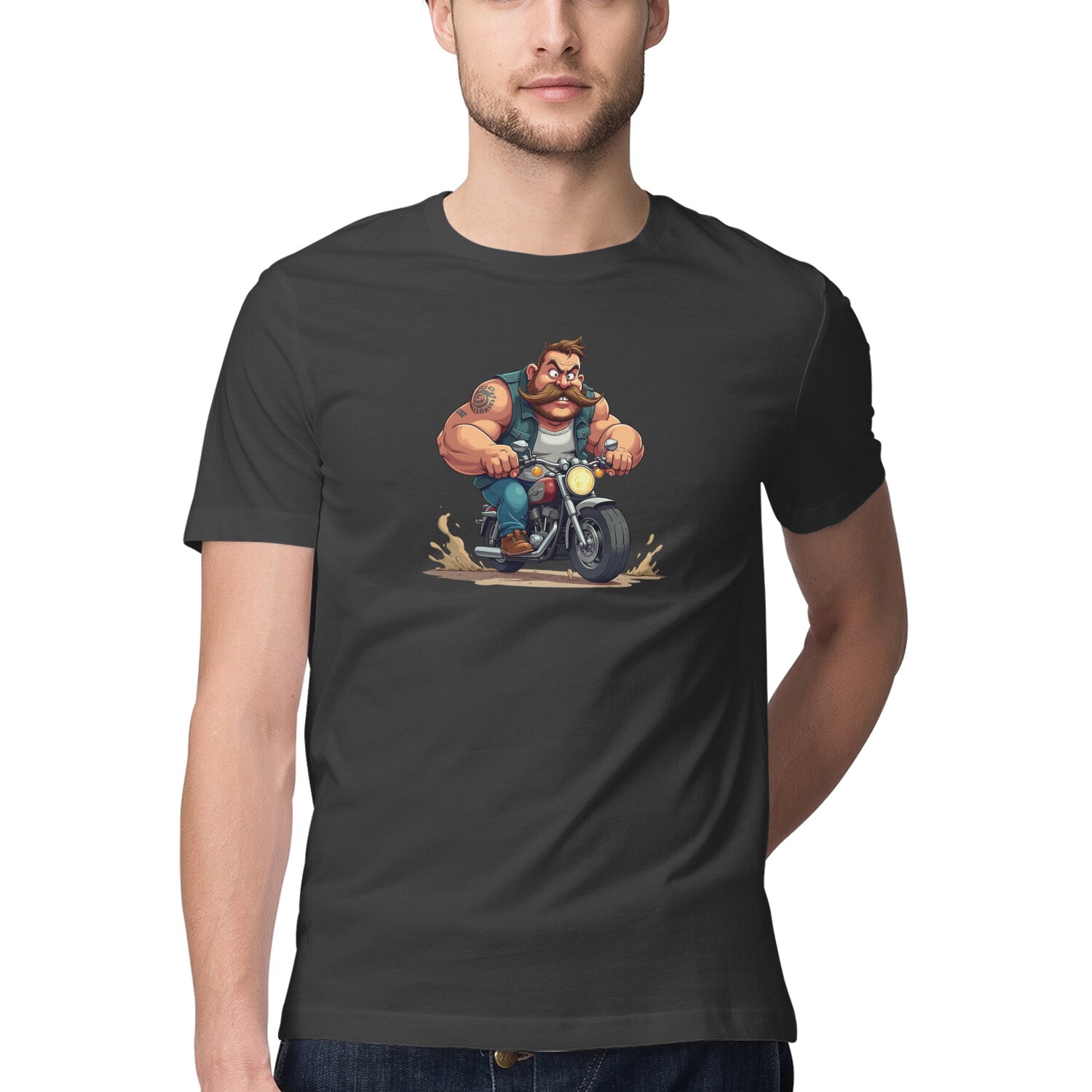 “Tiny Bike. Big Guy.” Cartoon Muscle Biker Tee, Black, front