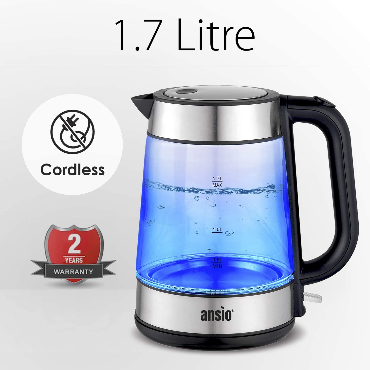 Electric Kettle 2200W 1.7 L Cordless ANSIO Electric Kettle 2200W 1.7L