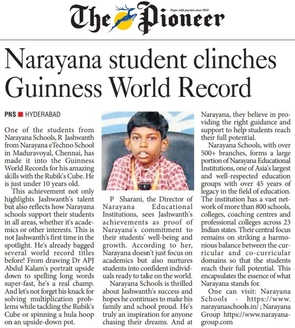 Narayana Student R Jashwanth Earns Guinness World Record for Rubiks Cube Mastery