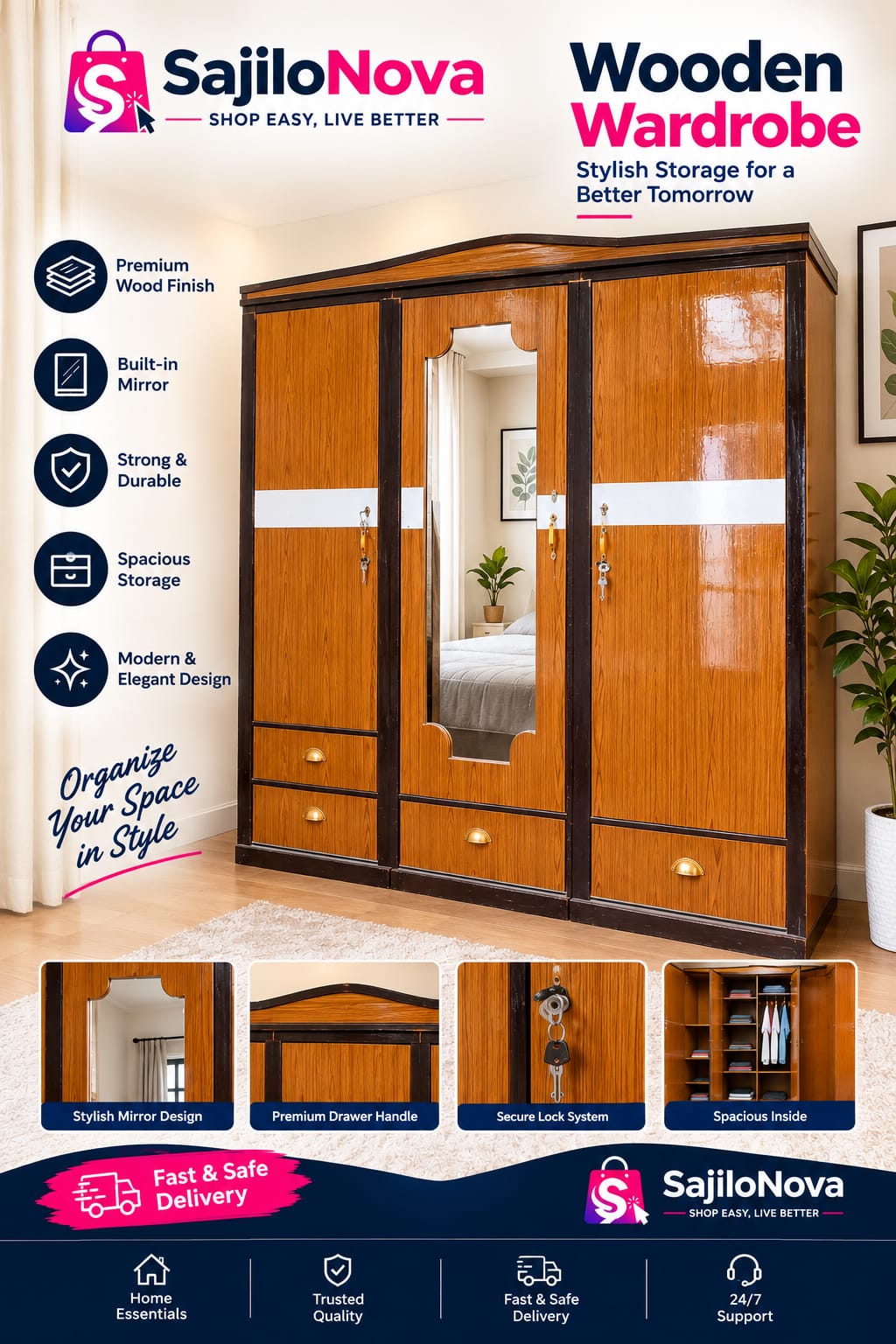 Wooden Wrdrobe 3 Piece 6*6 (Custom Design available)