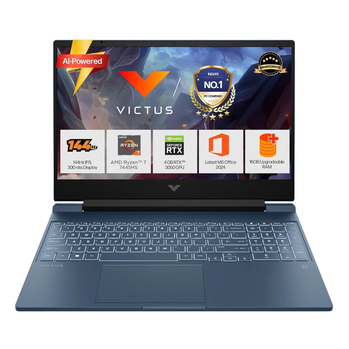HP Smartchoice Victus, AMD Ryzen 7 7445HS, 6GB RTX 3050, 16GB DDR5(Upgradeable) 512GB SSD, 144Hz, 300 nits, 15.6''/39.6cm, Win 11, Office 24, Blue, 2.29kg, fb3134/20ax, Xbox Gamepass*, Gaming Laptop - View 1