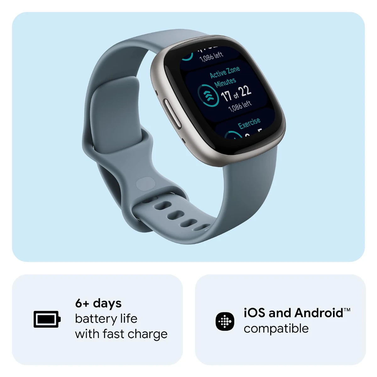 Fitbit Versa 4 Smartwatch, Waterfall Blue/Platinum, 3month Google Health Premium Membership, GPS - View 1