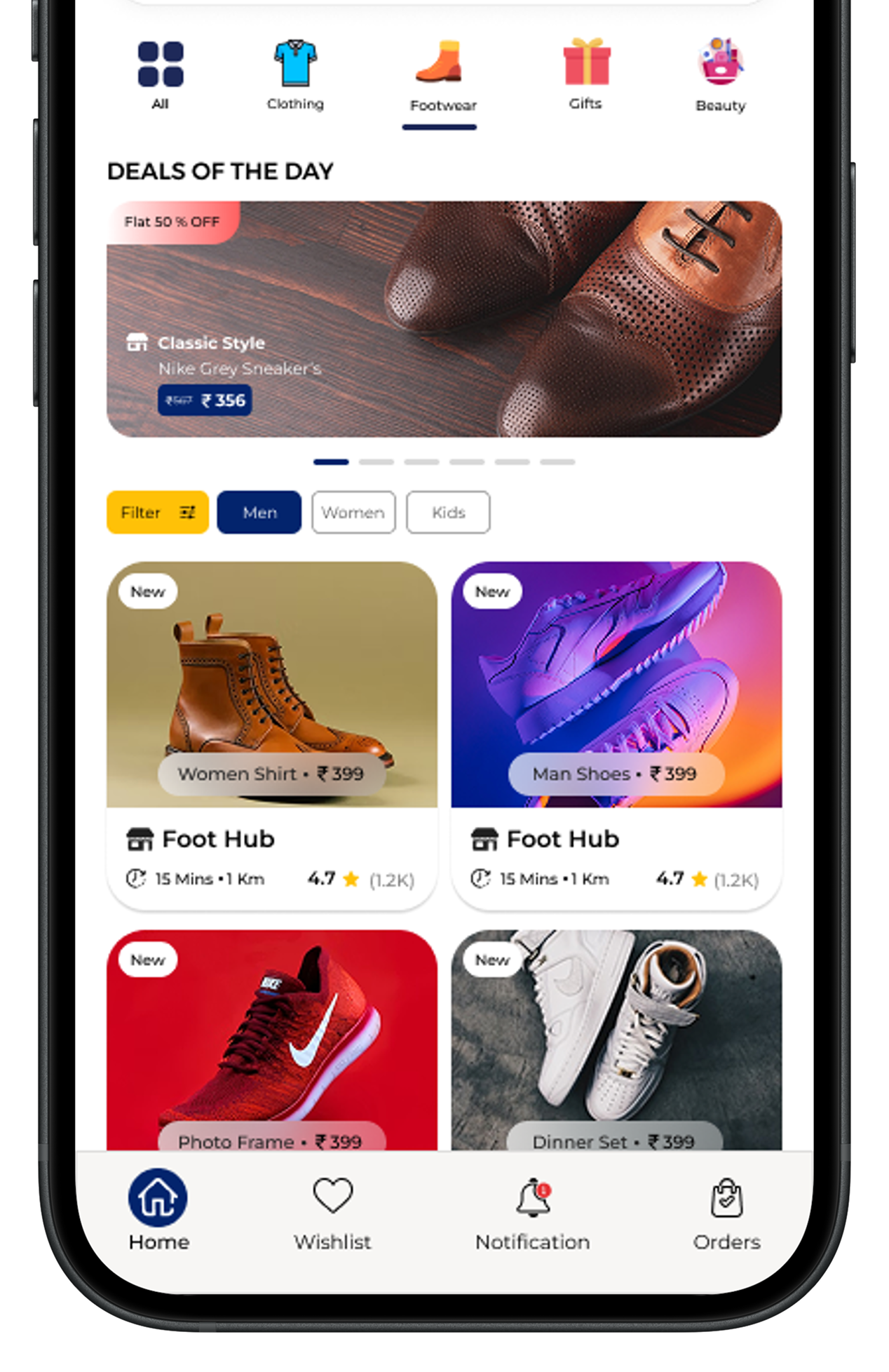 Customer app screen showing product selection