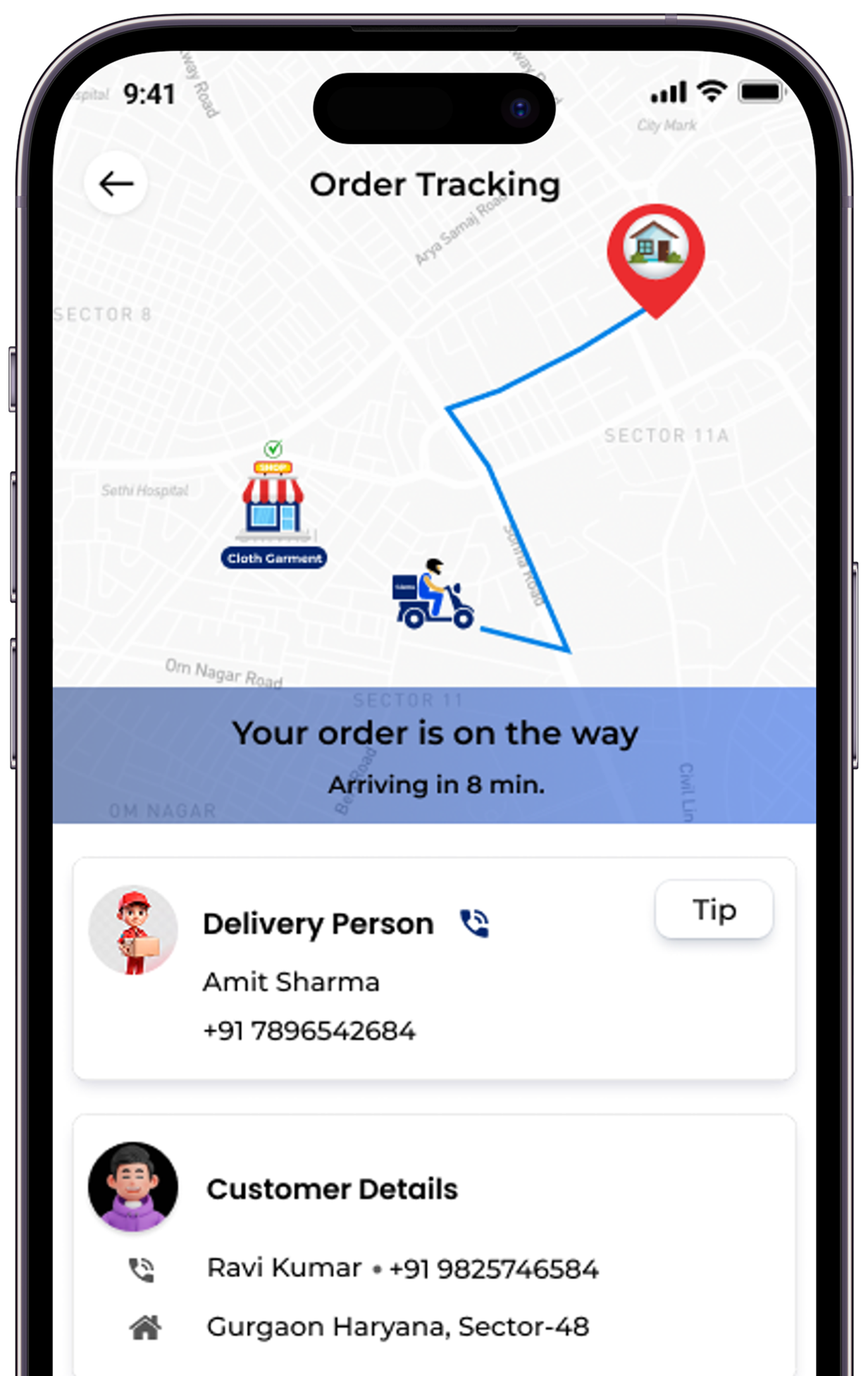 Customer app screen showing order tracking