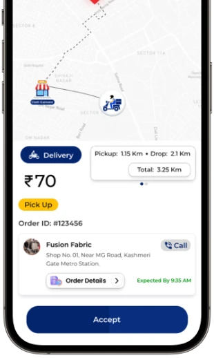 Delivery partner app screen showing navigation and order route