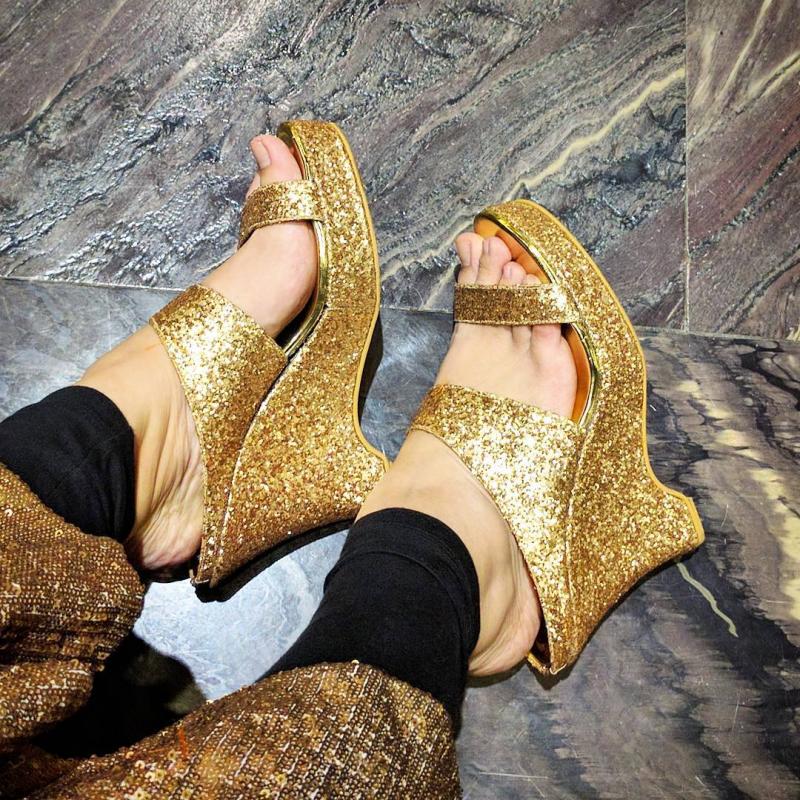 gold glitter wedge heels