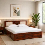 Modern sheesham wood king size bed with storage and elegant headboard design india