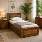 Porixa Solid Wood Single Bed for Home in Warm Walnut Finish