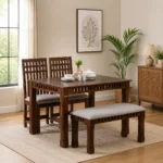 Sistel Sheesham Wood 4 Seater Dining Set In Scratch Resistant Provincial Teak Finish With Marble Top