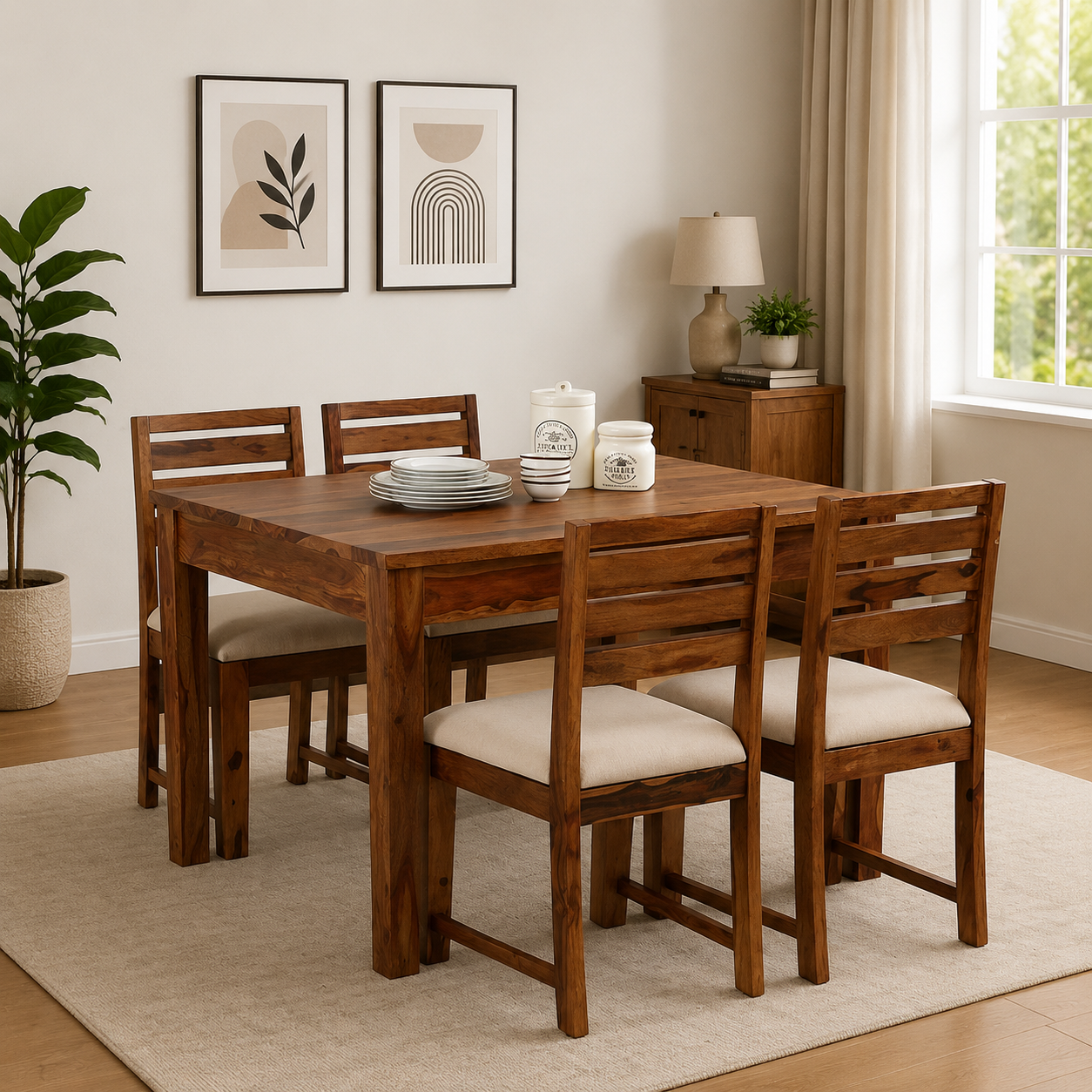 Aenvira-Solid-Sheesham-Wood-4-Seater-Dining-Table-Set-in-Elegant-Natural-Tone-classic-wood-2.png Aenvira Solid Sheesham Wood 4 Seater Dining Table Set in Elegant Natural Tone - Image 1