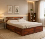 Naple Finish Queen Size Wooden Storage Bed with Modern Minimal Design