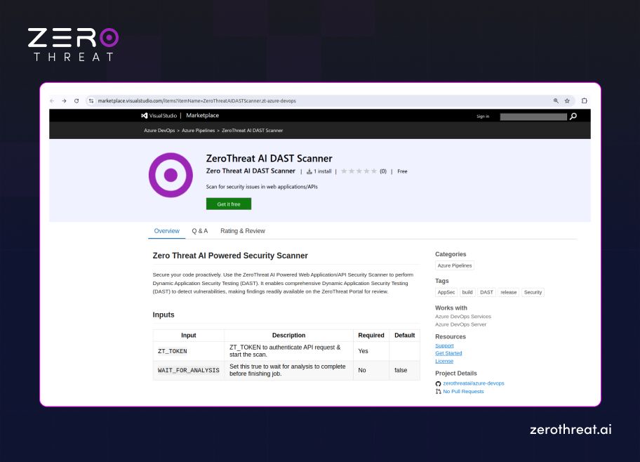 Getting ZeroThreat Extension at Azure DevOps Marketplace