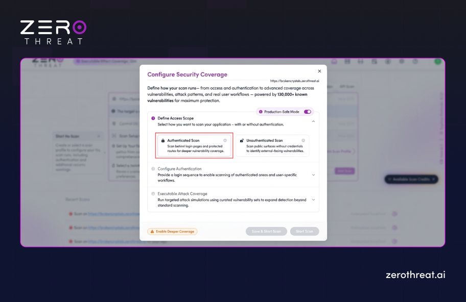Step 1 for Production-Safe Authenticated Scan with ZeroThreat
