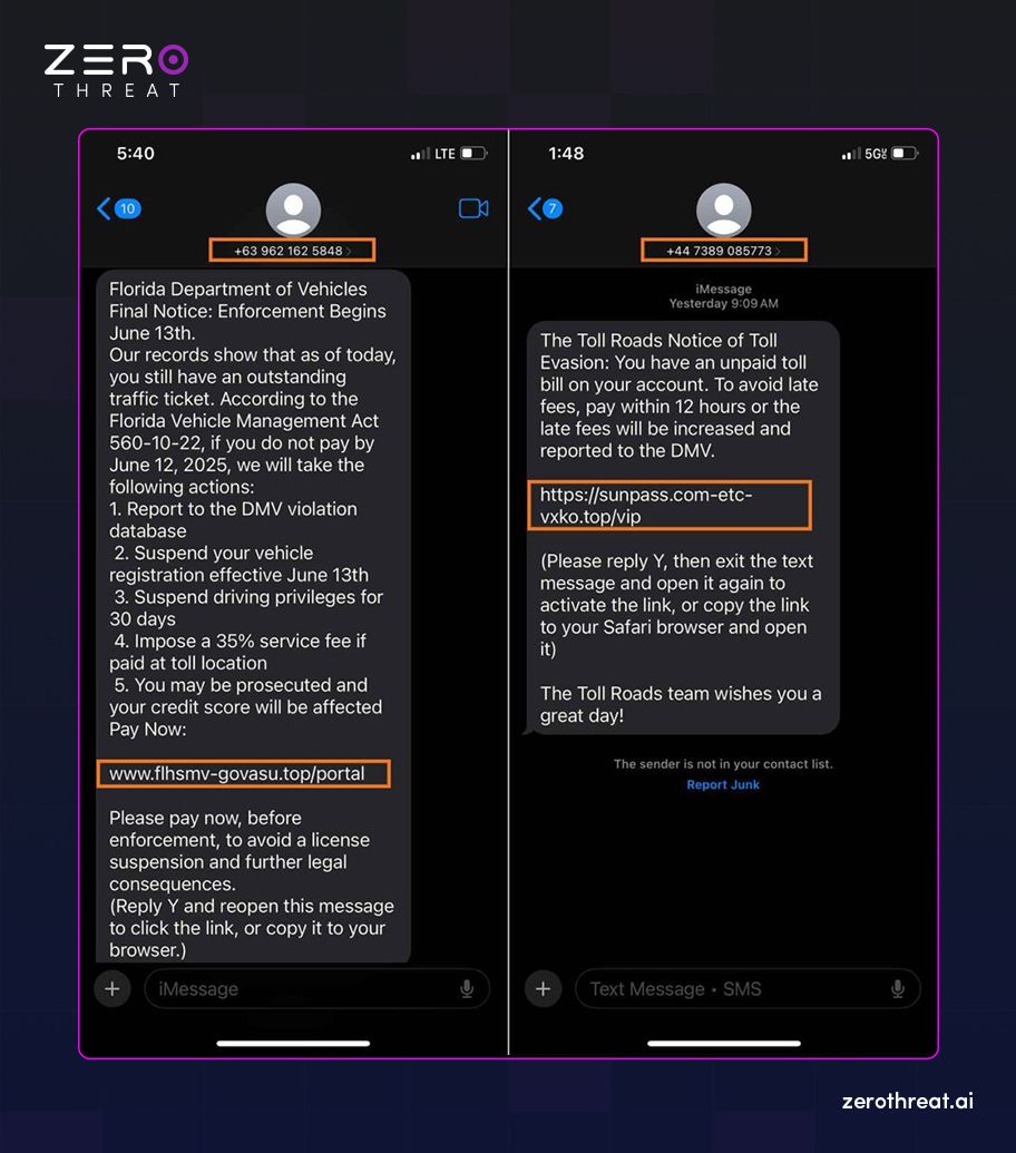 fraudulent road toll SMS Example
