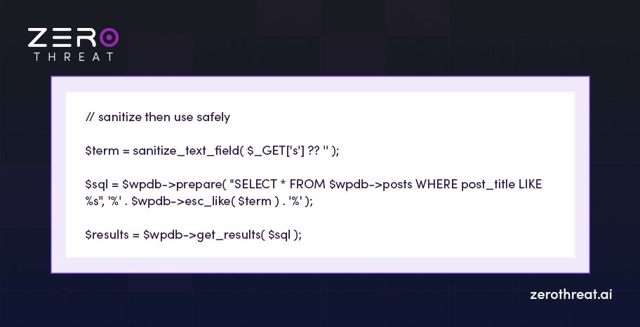 Example of sanitized WordPress query to prevent injection